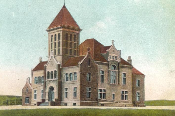 Color view of the old Morton County Courthouse around 1936